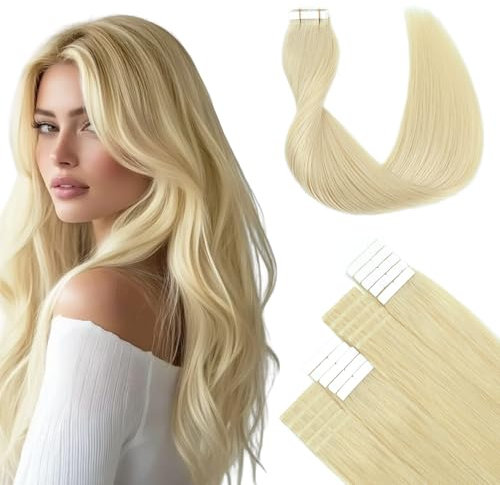 SURNEL Extension Cheveux Naturel Adhesif Blond Extension Adhesive Cheveux Blond Platine Bande Extension Cheveux Naturel Lisse Vrais Cheveux Tapes Human Hair 20Pièces/50G 16pouces(#60-16)