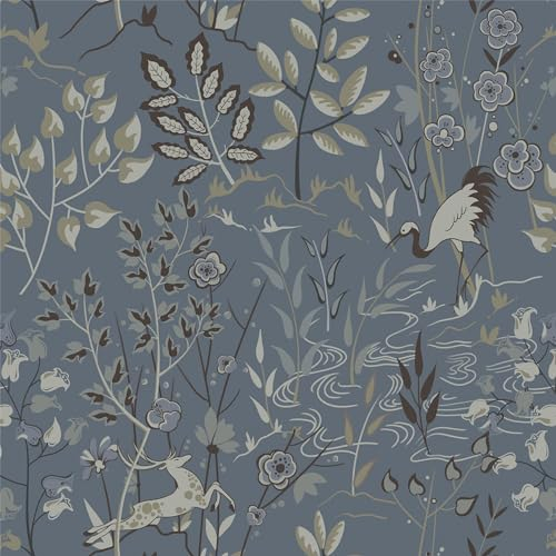 Timeet Selbstklebende Tapete Blau Botanischer Klebefolie Muster Dunkelblau Matt 39x300cm Möbelfolie Selbstklebend Tapeten Blumen Tier Wasserdichte Vinyl Folie für Möbel Wand Schrank Schlafzimmer