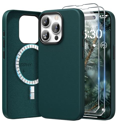 SURPHY für iPhone 15 pro Leder Hülle 6,1 für MagSafe mit Displayschutzfolie, Kunstleder Handyhülle iPhone 15 pro Case, iPhone 15 pro Schutzhülle (mit Mikrofaserfutter), Waldgrün