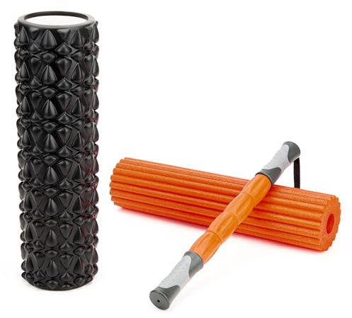 jooeer Trigger Point Muscle Massage Foam Roller Set 3 in 1 for Back Neck Pain Relief 18 Inch(45cm) Deep Tissue Fitness Roller with Massage Roller Stick for Pilates Yoga Sport