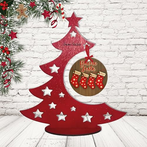 Alberello Rosso Mini Albero di Natale Piccolo, Ornamenti da Tavolo in Legno Betulla, Decorazioni Natalizie con Pallina Personalizzata con cognome o nomi famiglia ''Calze appese''