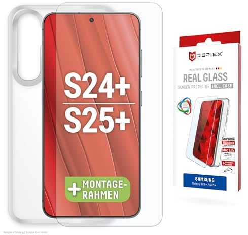 Schutzglas + Schutzhülle für Galaxy S25+, S24+ (10H), Eco-Montagerahmen | DISPLEX Real Glass + transparente Schutzhülle, 10H Panzerglas, Bruchschutz, extra-harte Kanten, kratzfest, Anti-Shock