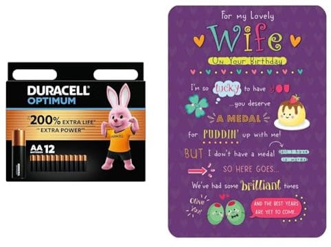 Duracell Optimum AA Batteries (12 Pack) - Alkaline Batteries 1.5V - Up To 200% Extra Life & Piccadilly Greetings Whimsical Birthday Card Wife - 9 x 6 inches,Yellow