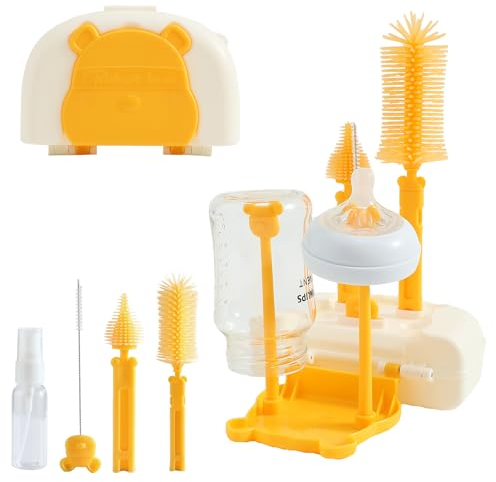 FUSACONY Baby Flaschenbürste Set, 7-in-1 Silikon Babyflaschenbürste, Saugerbürste, Strohhalmreiniger, Babyflaschen Trockenständer, Seifenspender für Flaschen und Aufbewahrungskoffer, BPA-frei (Gelb)