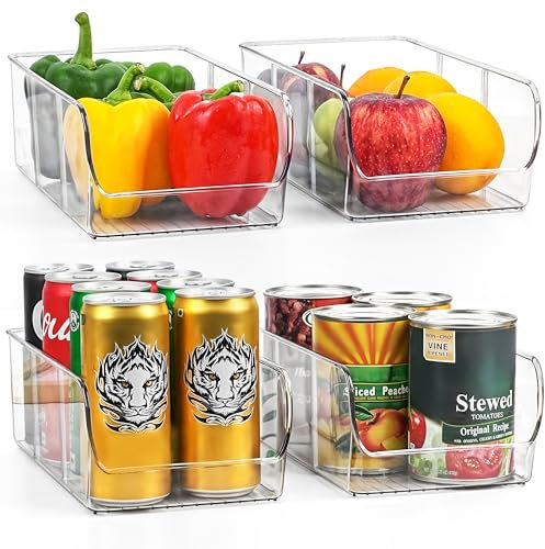 Winter Shore Caja Transparente de Plástico para Frigorífico y Despensa con Separadores (Pack de 4) - Cubo Almacenaje Cocina y Contenedores para Aperitivos - Organizador Nevera para Comida y Bebida