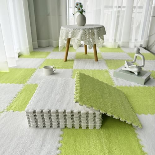 80 Stück Weiche Spielmatte, Plüschschaum-Puzzle-Bodenmatten, Flauschige Ineinandergreifende Teppichfliesen, Innendekoration, 30x30 cm(Size:0.23 inch,Color:Weiß+Hellgrün)