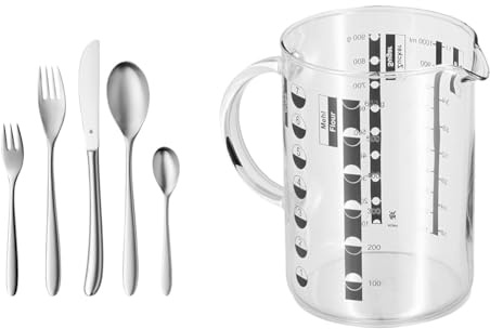 WMF Silk Besteck Set 12 Personen, Essbesteck 60 teilig & Gourmet Messbecher Glas 1l, hitzebeständiges Glas, Messbecher 1l, Skalierung für Liter, Milliliter, Tassen und Gramm, Transparent