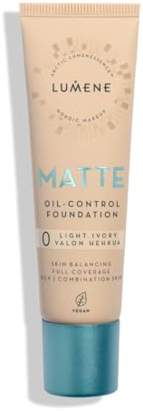 Lumene Matt Control Oil Free Foundation for Oily and Combination Skin Full Coverage with Arctic Cloudberry 30 ml / 1.0 Fl.Oz. (0 Light Ivory SPF20)