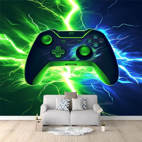 Game Controller Theme Photo Wallpaper - 350 x 256 cm Non-Woven Premium Fleece Wall Mural - Blue and Green Lightning Art Print Bedroom Living Room Decoration Poster