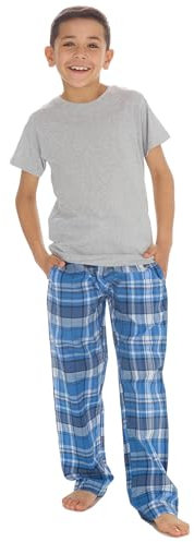 WS-SS24 Kids Boys 2-Piece Pyjama Set Short Sleeved Jersey T-Shirt & Woven Check Long Pants Nightwear Grey-Blue 13 Years