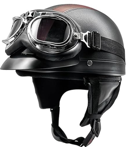 Casques Bols Jet Moto Vintage avec Lunettes Casque de Pilote Rétro Casque Casque Scooter Homme Femme Demi Casque Coupe-Vent Casque pour Moto Vélo Scooter 1,54-62CM