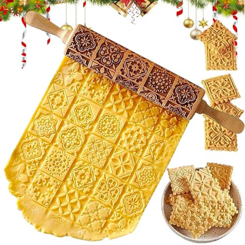 Spekulatiuswalze aus Holz, Weihnachts Nudelholz, 3D Präge Nudelholz, Spekulatiusrolle, Teigroller Weihnachten Nudelholz mit Muster, Motiv Nudelholz, für DIY, Weihnachten, Küche, Plätzchen Nach