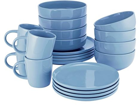 ProCook Stockholm Blue Dinner Set Stoneware Scandinavian Style Flat Base Dishwasher, Microwave & Oven Safe Dinnerware 20 Piece, 9.5/15/20/22/27 cm