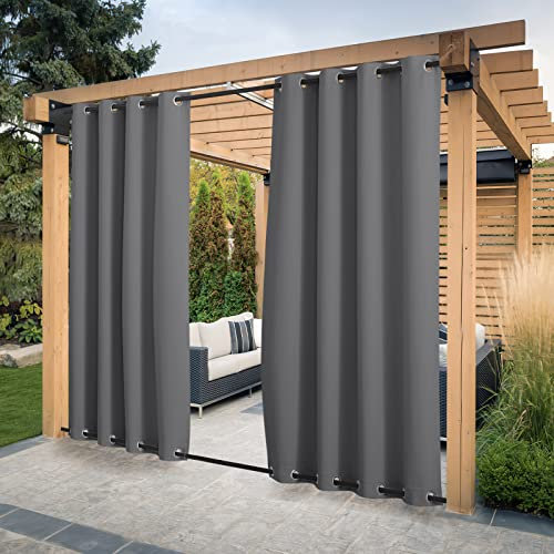 PONY DANCE Rideau Occultant Extérieur - Rideau Thermiques Prêt à Poser avec Oeillets en Haut et Bas Design Unique Coupe-Vent pour Véranda Pergola, Gris, L 132 x H 243 cm, 2 Panneaux