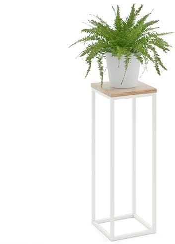 LAMO Manufaktur 70 cm Support Plantes | Piédéstal pour Plantes | Porte-plantes Interieur Cadre Blanc Gris | Plateau 100% Bois Massif Couleur: Naturel