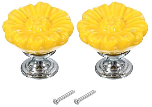 PATIKIL Vintage Floral Knobs, 1-5/16 x 1.1, 2 Pack, Yellow, Ceramic & Zinc Alloy, Round, Screw-on, Drawer Knobs