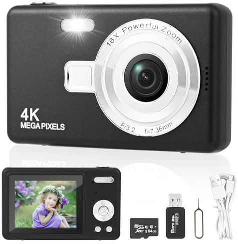 Appareil Photo Numérique, Appareil Photo Compact HD 1080P avec Carte de 64 Go, 40MP Appareil Photo 8X Zoom Numérique Rechargeable Appareil Photo Numérique pour Enfants, Débutants (Noir)