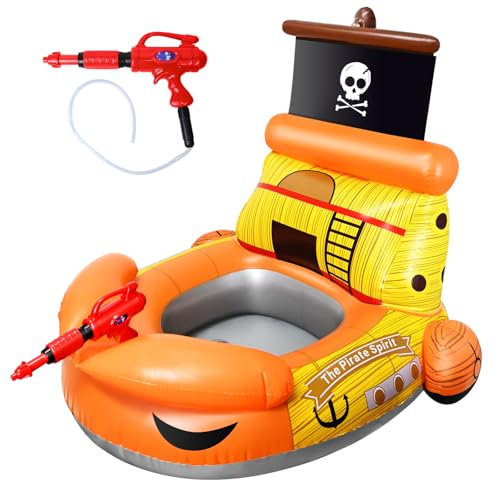 Joellfuner Bateau Pirate Gonflable, Bouee Piscine Enfant, Bateaux Gonflables avec Pistolet à Eau, Siège de Piscine Anneau de Natation, Jouets de Piscine à Coussin d'air pour Les Enfants de 1 à 6 Ans