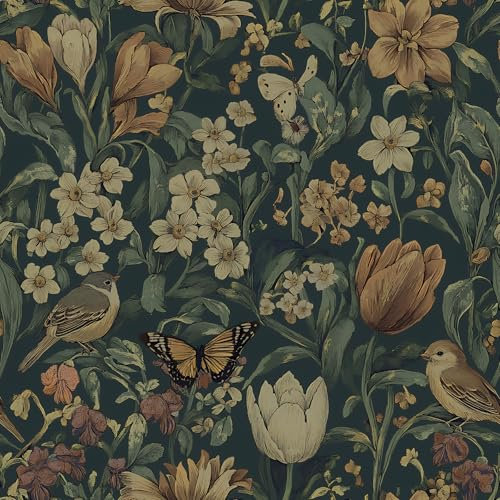 Yomshi 44x300cm Peel and Stick Floral Wallpaper with Bird Self Adhesive Film Waterproof Vinyl Wrap - Easy to Apply, Removable & Reusable Wall Covering for Bedroom, Living Room & Bathroom