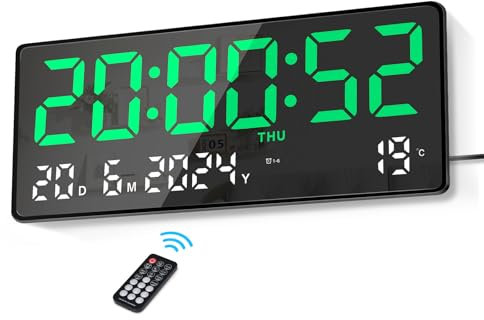 Lafocuse 15.5 Wanduhr Digital LED Groß Display, Digitale Wanduhr Tischuhr mit Fernbedienung, Großen Ziffern, Datum, Temperatur, Woche, Digitaluhr Modern für Wohnzimmer Schlafzimmer Büro Küche, Grün