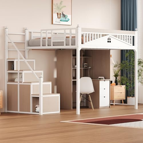 Zepneiy Letto a soppalco 140 x 200 cm, barriera di sicurezza in metallo con sfera in metallo e design finestra, con scala di immagazzinaggio intercambiabile, bianco (materasso non incluso)