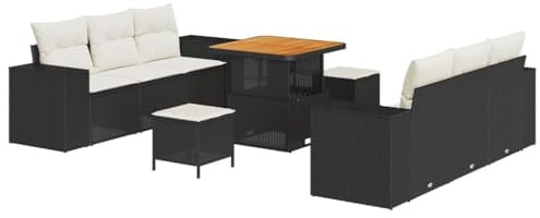 vidaXL 9-teiliges Garten-Sofa-Set mit cremefarbenen Kissen, schwarzem Poly-Rattan, Akazien-Tisch, Outdoormöbel für die Terrasse, Lounge und Patio, ideales modulares Set für Frühling und Sommer
