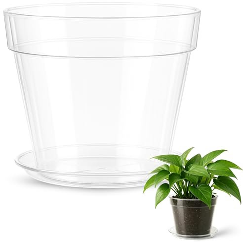 TECHZOCO Macetero con Plato, Maceta Redonda clásica de plástico con Plato, Tiesto para Plantas, Fabricado en Polipropileno, 14 cm Altura x 15 cm Diámetro Superior x 9 cm Diámetro Base, Transparente.