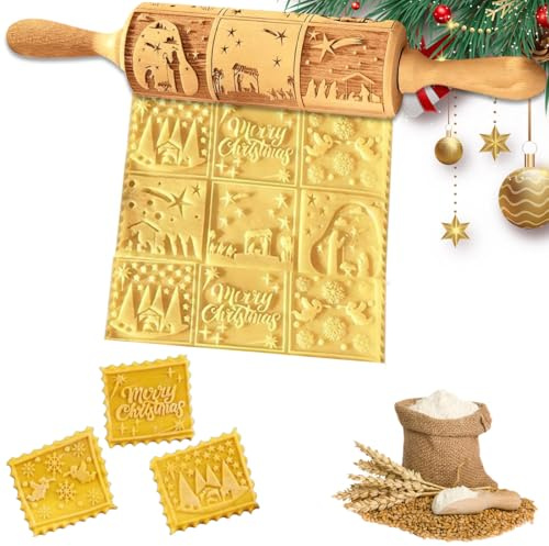 Teigroller Weihnachten aus massivem Buchenholz | Nudelholz mit Muster Weihnachten für perfekt geprägte Plätzchen & Spekulatius | Einzigartige Spekulatiuswalze Weihnachten für die Familienbäckerei