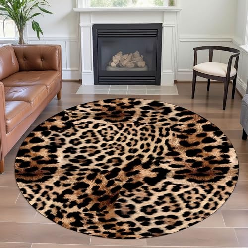 YJDRUG Brauner Leopardenmuster Runder Teppich 90cm - rutschfest & fusselarme waschbare Auslegware, weicher Tierprint Bodenmatte für Wohnzimmer, Schlafzimmer, Büro