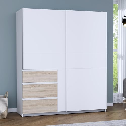 Forte Winn 2 Kleiderschrank 170, moderner Schwebetürenschrank, 2-türig, 3 Schubladen, Schlafzimmer, Sonoma Eiche Holzdekor|Weiß, 170,3 cm breit x 200,5 cm hoch x 61,2 cm tief