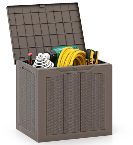 FANTASK Gartenbox 96 L, wasserfeste Aufbewahrungsbox Kissenbox für Poolzubehör, Gartengeräte, Paketzustellung, Gartenmöbel, Auflagenbox mit abschließbarem Deckel & Rattanoptik, Braun