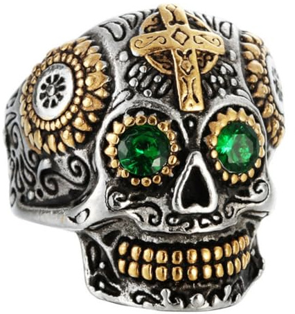 Tag der Toten Gothische Zucker Schädel Ring - Edelstahl Punk Kreuz Ring mit Grün/Rot Zirkonia Augen, Vintage Biker Schmuck für Männer und Frauen