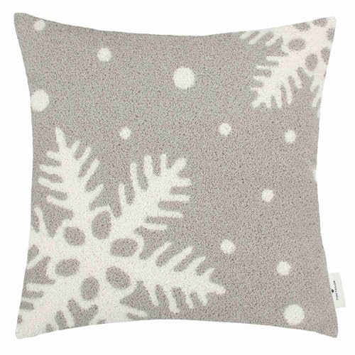 TOM TAILOR Weihnachtskissen grau – Kissenbezug Weihnachten – Schneeflocke 100% Baumwolle in Strickoptik – Couchkissen – Kissenhülle 45x45 kuschelig, weich, für Sofa, Bett & als Geschenkidee