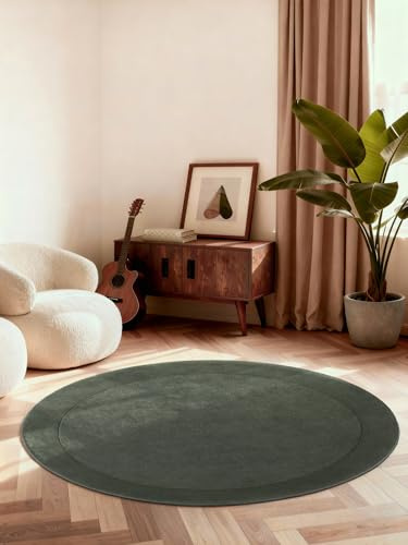 Villeroy & Boch Wollteppich Kivi Rund - Weicher Natur Wohnzimmerteppich mit Bordüre, Handgemacht & Natürlich, Modernes Design für Wohnzimmer, Schlafzimmer, Esszimmer, Flur - Natur Grün, Ø 200 cm