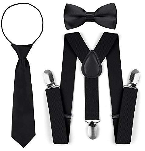 Kids Toddler Adjustable Elastic Fashion Suspenders Bow Tie Necktie Set (Black)
