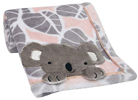 Lambs & Ivy Calypso Babydecke aus Fleece, Koalablatt-Druck, Rosa / Grau