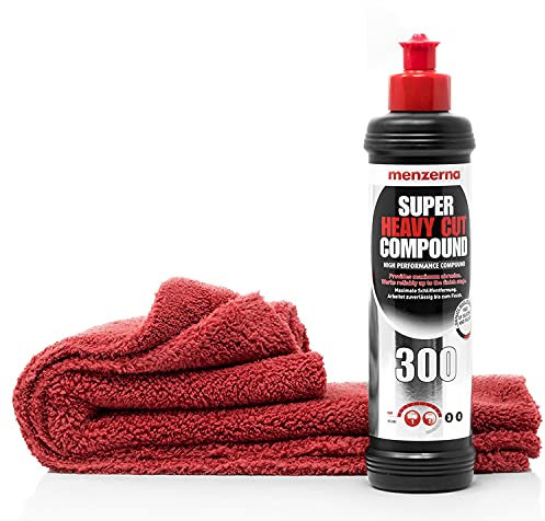 detailmate Auto Polier Set - Autopflege: Menzerna Autopolitur SUPER Heavy Cut Compound 300, 250 ml - Kratzer entfernen + Mikrofaser Auto Poliertuch, 40x40cm, perfekt zum Auspolieren auf Autolack