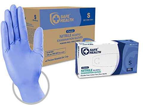 Safe Health Gants Jetables d'examen en Nitrile Bleu-Taille S, Lot de 1000 gants, Sans poudre Sans latex-Hypoallergéniques, Soins médicaux-Aliments, 3,5 Mil