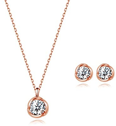 immobird Parure di Gioielli Donna Collana e Orecchini Rosa Fiore Ciondolo Argento Sterling 925 Zircone Cubique Per Festival Regalo (Oro Rosa-8mm)