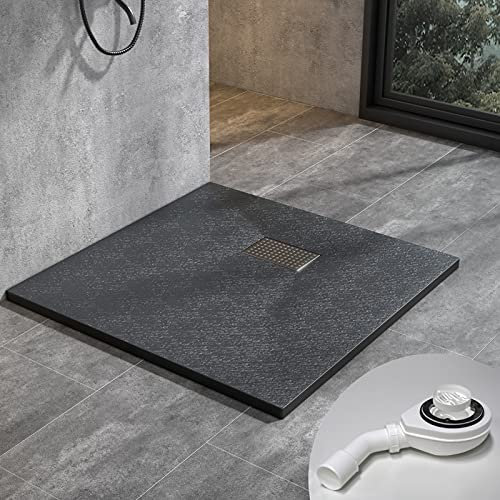 Duschwanne 80x80 cm SMC Brausewanne Schwarz Steinoptik Antirutsch Duschtasse Höhe 3,2 cm Niedrige Schwelle Extraflach Brausetasse mit Ablaufgarnitur und Edelstahl-Abflussrinne