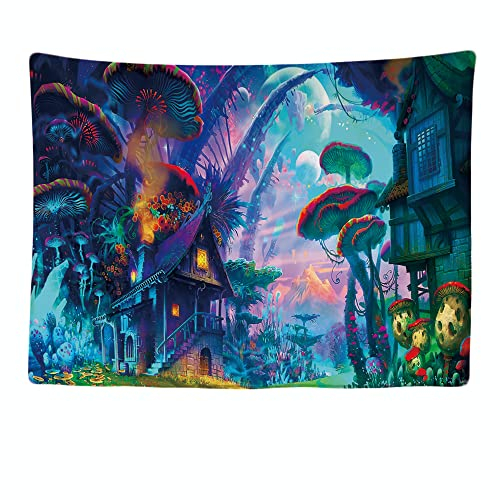Ulticool - Wandteppich Dekoration Wohnung - Psychedelic Haus Natur Wald - 200 x 150 cm groß - Wandtuch Wandbehänge - Accessoires für Schlafzimmer Wohnzimmer