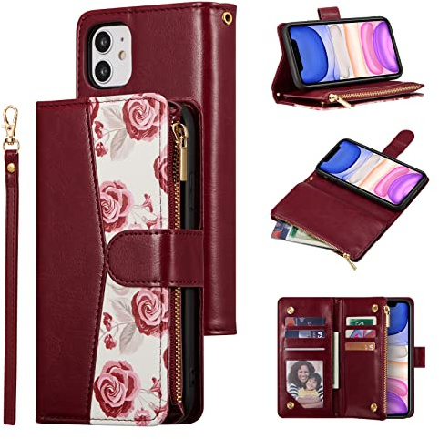 UEEBAI Wallet Case for iPhone 11 6.1 inch, PU Leather Flip Case Magnetic Closure Phone Cover Card Slots Zipper Pocket Hand Strap with Unique Roses Design - Red Wine