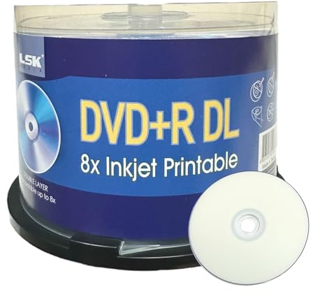 LSK Media DVD+R DL Double Layer 8X 8.5GB 240min Video, White Inkjet Printable, by , 50 Pack in Spindle | Blank DVDs for Burning Video | DVD Discs Blank | Recordable DVDs