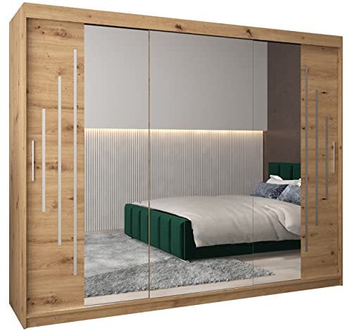 MEBLE KRYSPOL Kleiderschrank mit Spiegel York 2 - Garderobenschrank - Schrank Schlafzimmer - Mehrzweckschrank DREI Schiebetüren - Regalen - Flur Möbel - Kleiderstange Schrank - Allzweckschrank