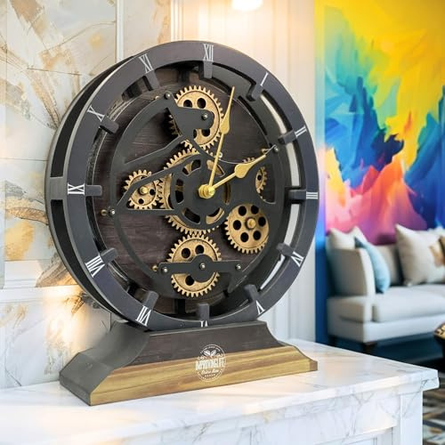 ImprovingLife The Gears Clock Schreibtischuhr, 25,4 cm, mit echten beweglichen Zahnrädern, umwandelbar in Wanduhr (Vintage-Schwarz)