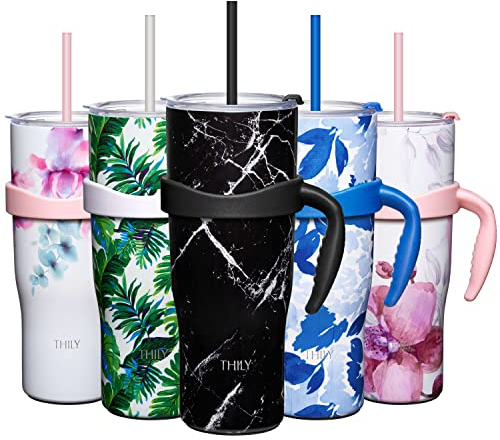 THILY Stainless Steel Vacuum Insulated Tumbler 1180 ml Coffee Travel Mug with Handle and Lids, Reusable, Sweat Proof, Keep Drinks Cold for 34 Hours or Hot for 12 Hours, BPA Free, Black Marble