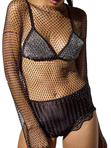 Durchsichtiges Mesh-Puff-Langarm-Oberteil, sexy, durchsichtig, Hemden, Glitzer-Pailletten, Blusen, einteiliges Cover-Up-Schwimmen, Streetwear, A-black, Small