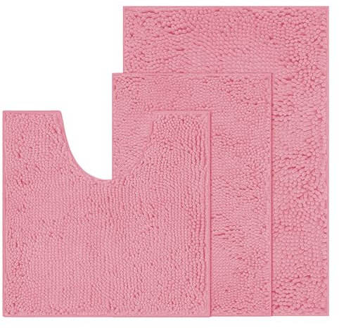 RUN HELIX Chenille Bath Mat, Non Slip Extra Soft Bath Toilet Mat 3 Pieces, Super Absorbent Bath Rug for Bathroom, Bedroom, Shower and Tub, Washable Quick Drying Bathroom Mat Pink