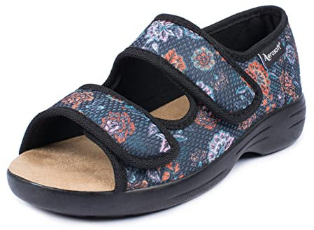 Aerosoft Reha-Sandale Stretch 06 Damen Klettverschluss Weite G-H rutschhemmend (Anthrazit Blume, numeric_41)
