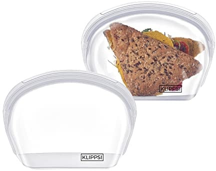 Klippsi® 1L Doppelpack Wiederverwendbarer Silikonbeutel Gefrierbeutel Aufbewahrungsbeutel reißfest, hitze-kältebeständig, auslaufsicher, spülmaschinengeeignet (Transparent)